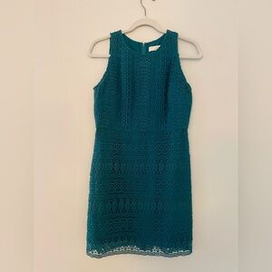 Ann Taylor LOFT Petite Lace Flare Dress, Dark Turquoise, 4P